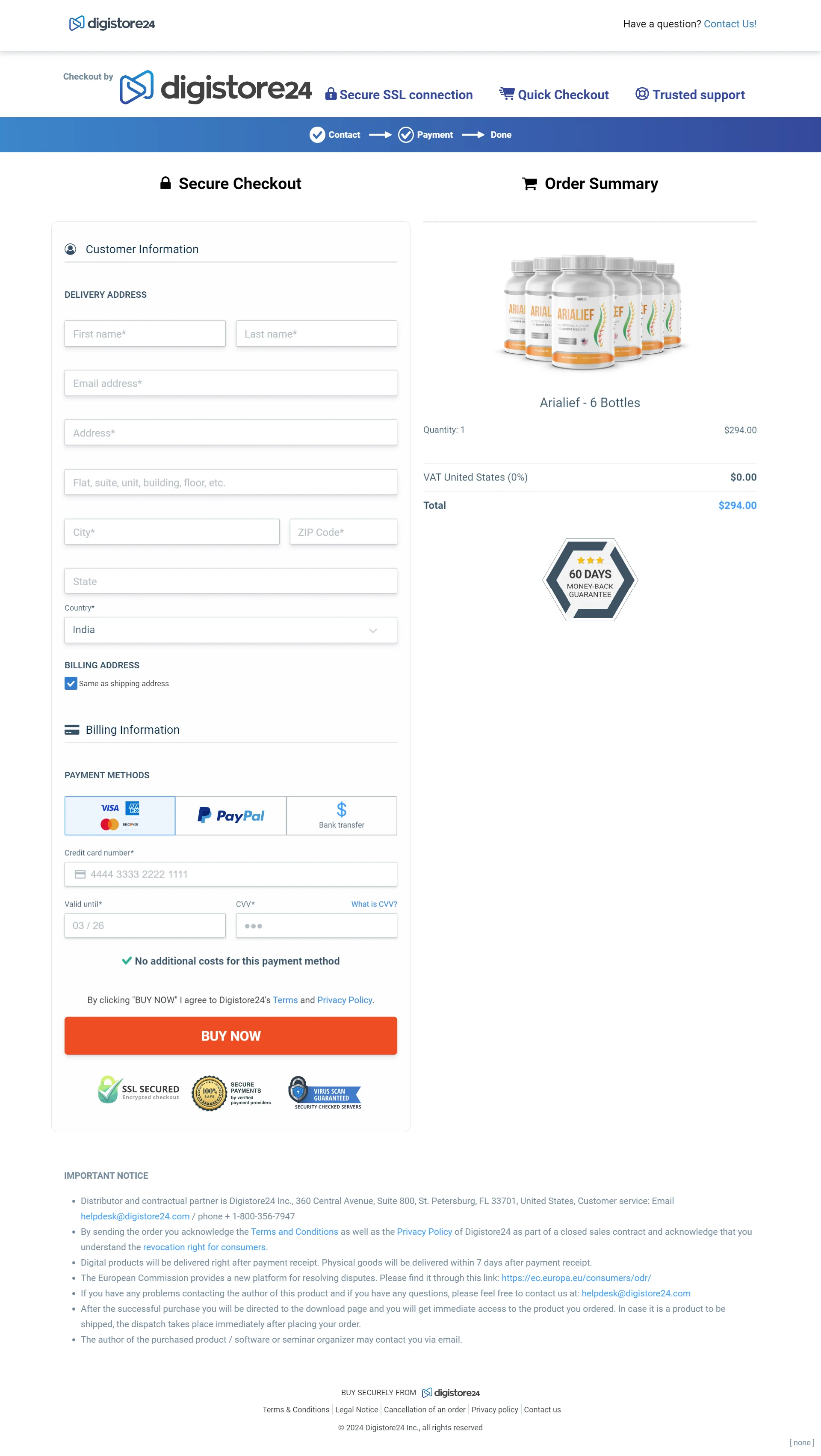 Arialief order form